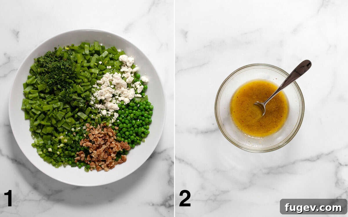 Triple Pea Delight 4 Fresh salad ingredients including three types of peas, feta, herbs, and walnuts, assembled in a large bowl. Alongside, a small bowl holds whisked lemon vinaigrette ingredients.