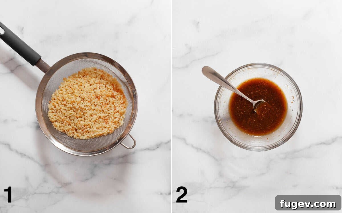 On the left, cooked pearl couscous draining in a metal colander. On the right, a small bowl containing the whisked balsamic vinaigrette.