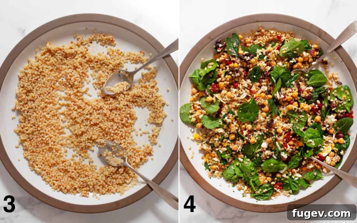 On the left, couscous being tossed with dressing in a large mixing bowl. On the right, all the salad ingredients are folded into the couscous in a bowl, ready to be mixed.