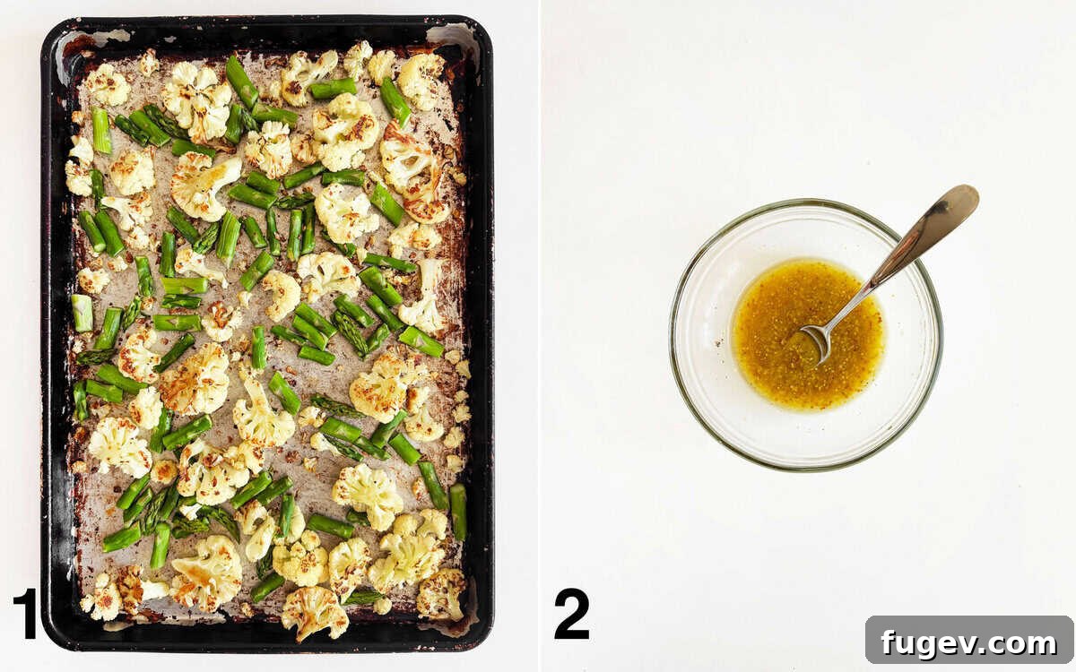 Golden Roasted Asparagus and Cauliflower Delight 4 Roasted cauliflower and asparagus on a sheet pan, with lemon vinaigrette stirred in a bowl.