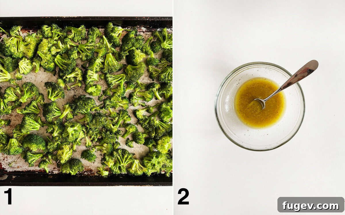 Two images side-by-side: Roasted broccoli florets evenly spread on a sheet pan; and a small bowl of lemon vinaigrette being whisked.