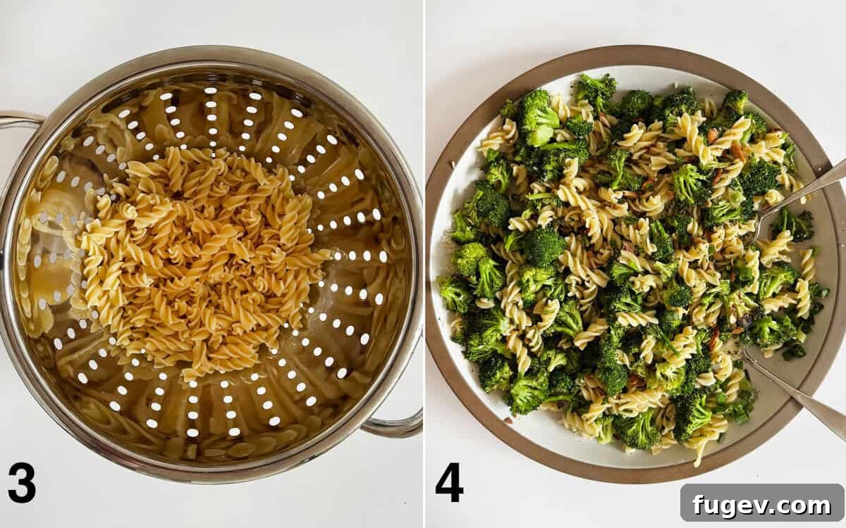 Two images side-by-side: Cooked pasta draining in a colander under cold water; and a large bowl of assembled pasta salad being tossed with the lemon vinaigrette.