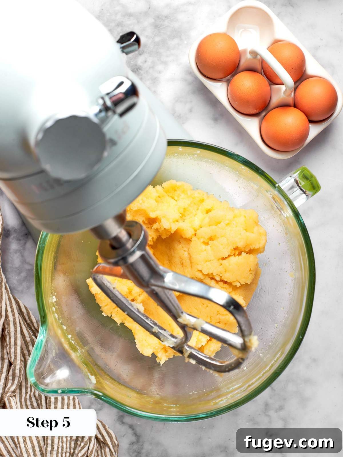 Sweet Cream Clouds 19 Releasing steam from choux panade in mixer, showing the importance of cooling before adding eggs.