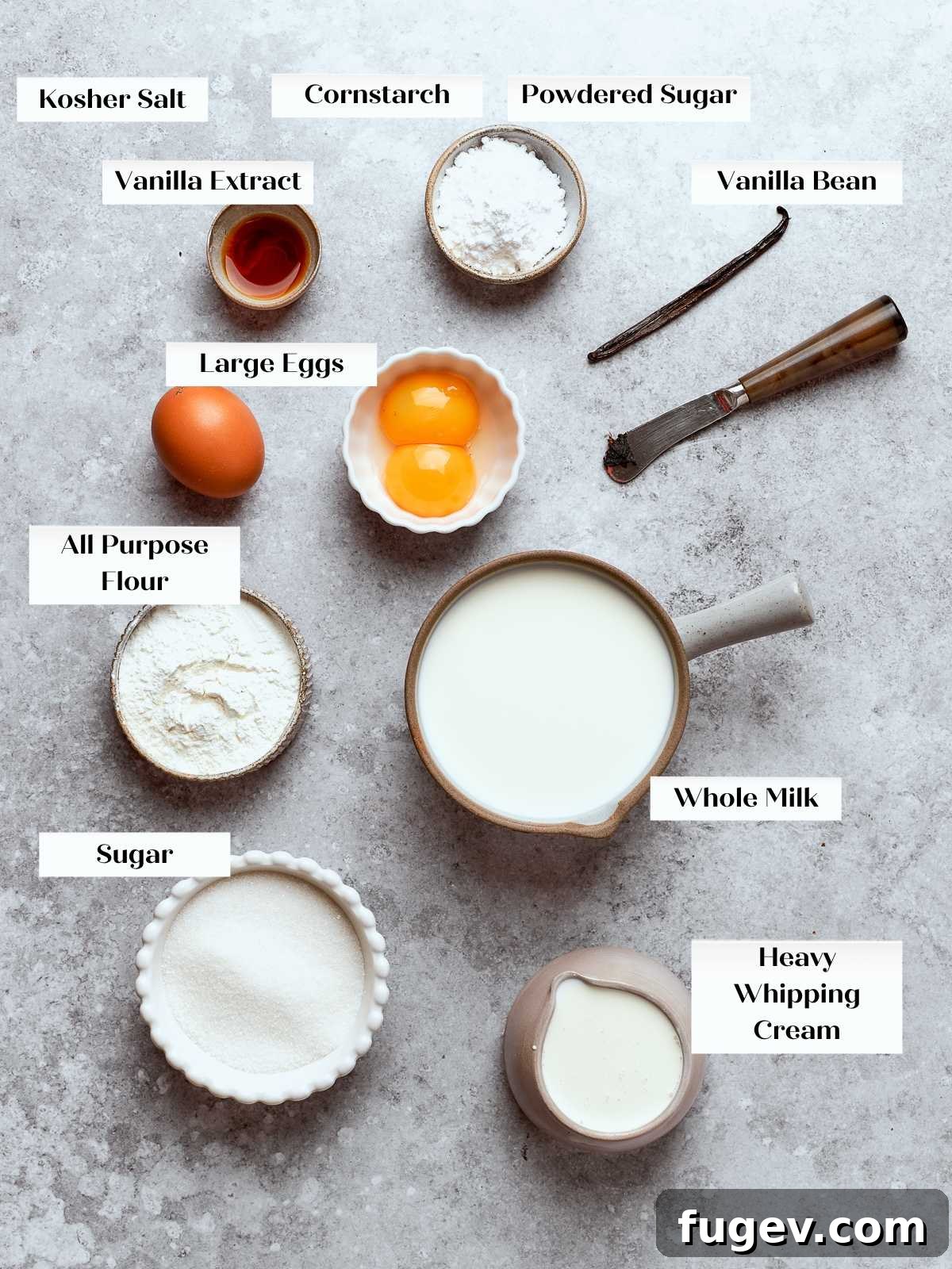 Sweet Cream Clouds 4 Ingredients for pastry cream arranged including milk, eggs, sugar, and cornstarch, neatly prepared.