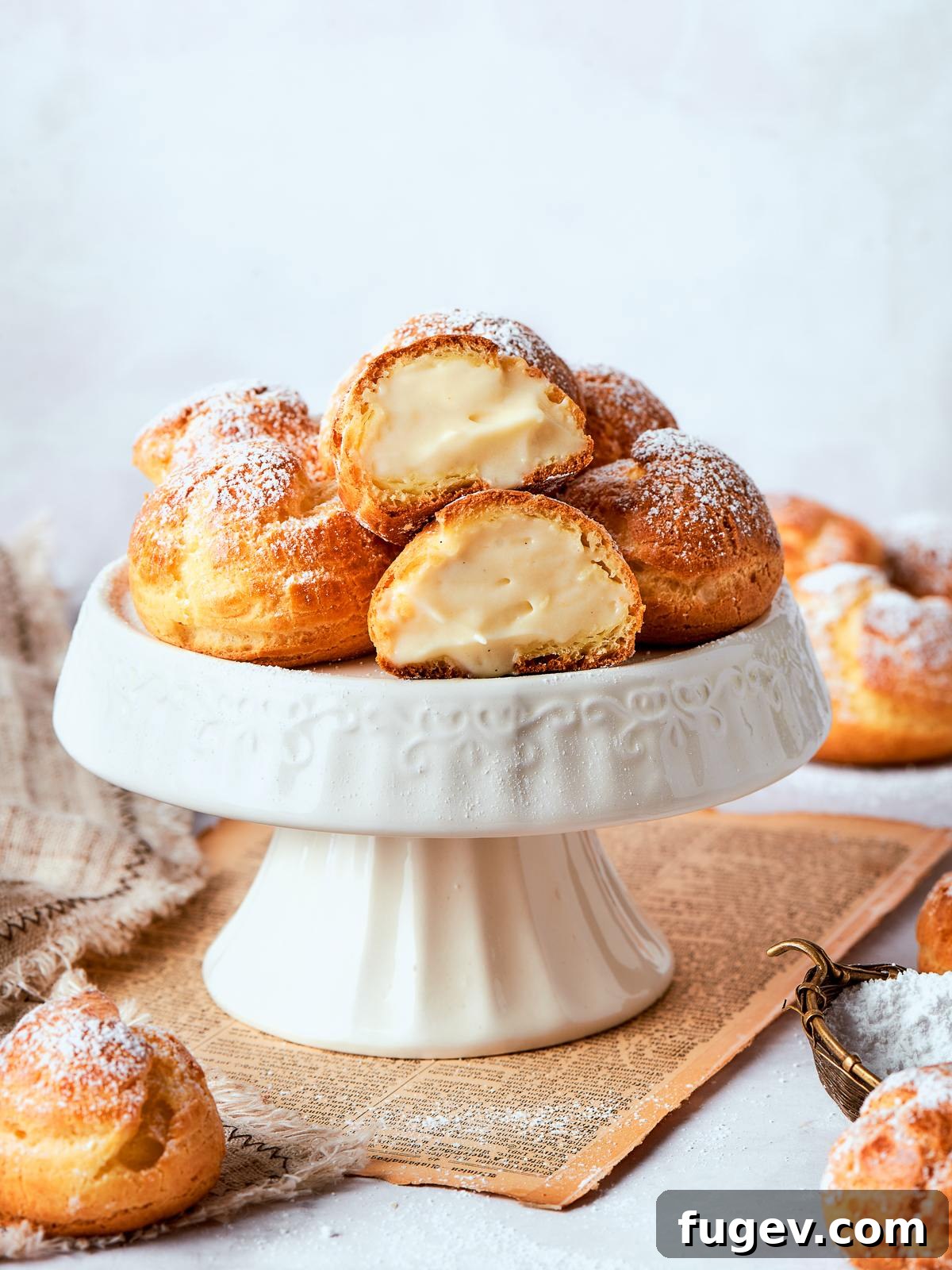 Sweet Cream Clouds 34 Light vanilla pastry cream inside cream puffs showing thick yet airy consistency, beautifully presented.