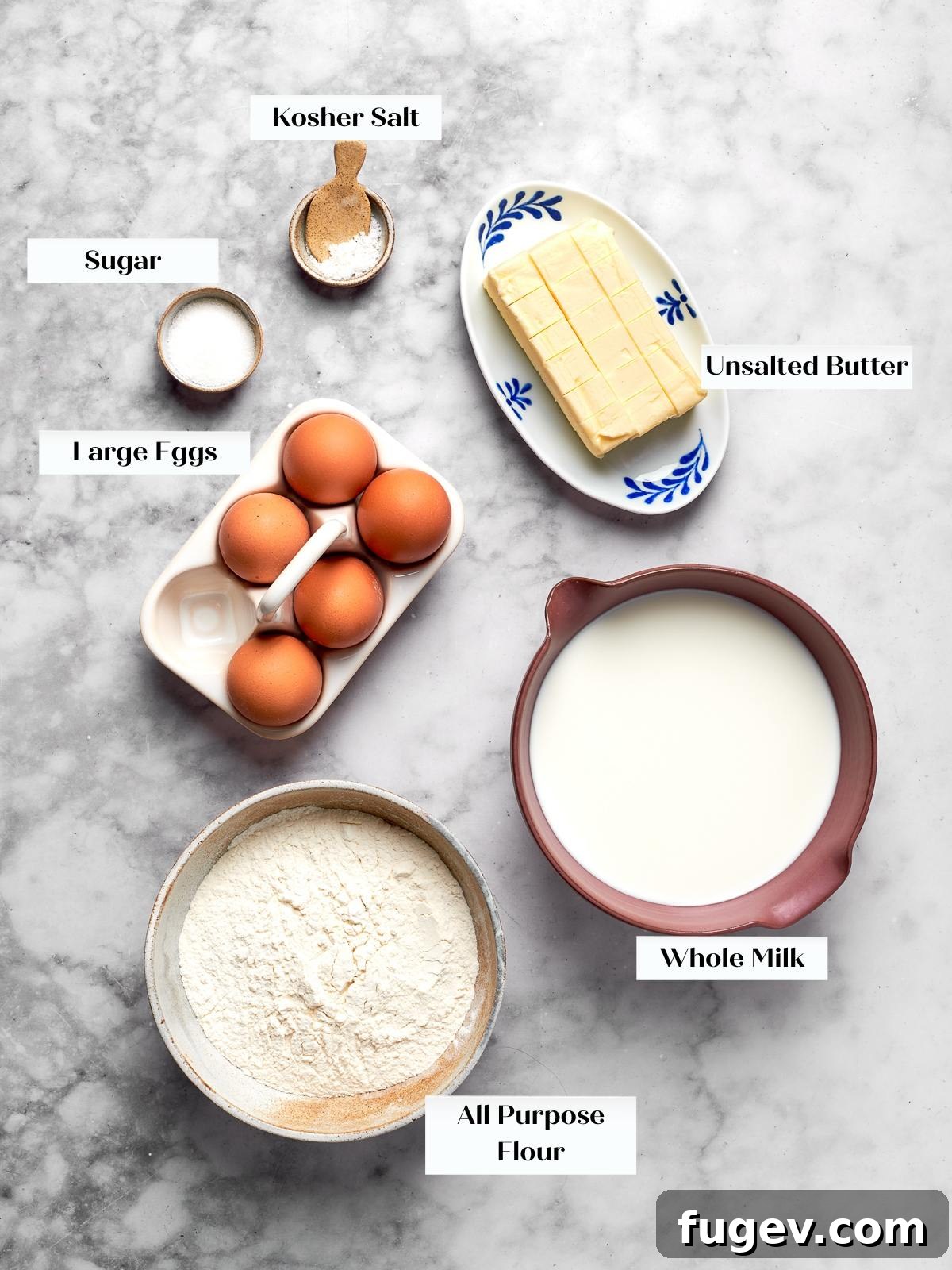 Sweet Cream Clouds 5 Measured ingredients for choux pastry arranged on countertop before beginning recipe, demonstrating mise en place.