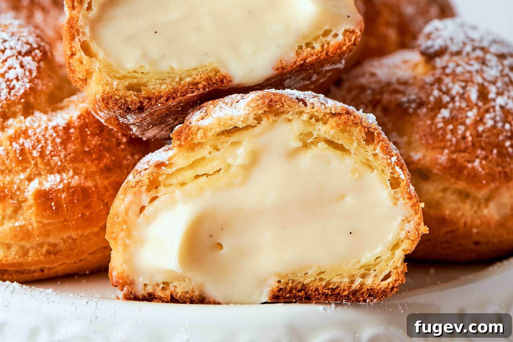 Sweet Cream Clouds 6 Vanilla cream puffs filled with crème légère arranged and lightly dusted with sugar, showing their perfectly rounded shape.