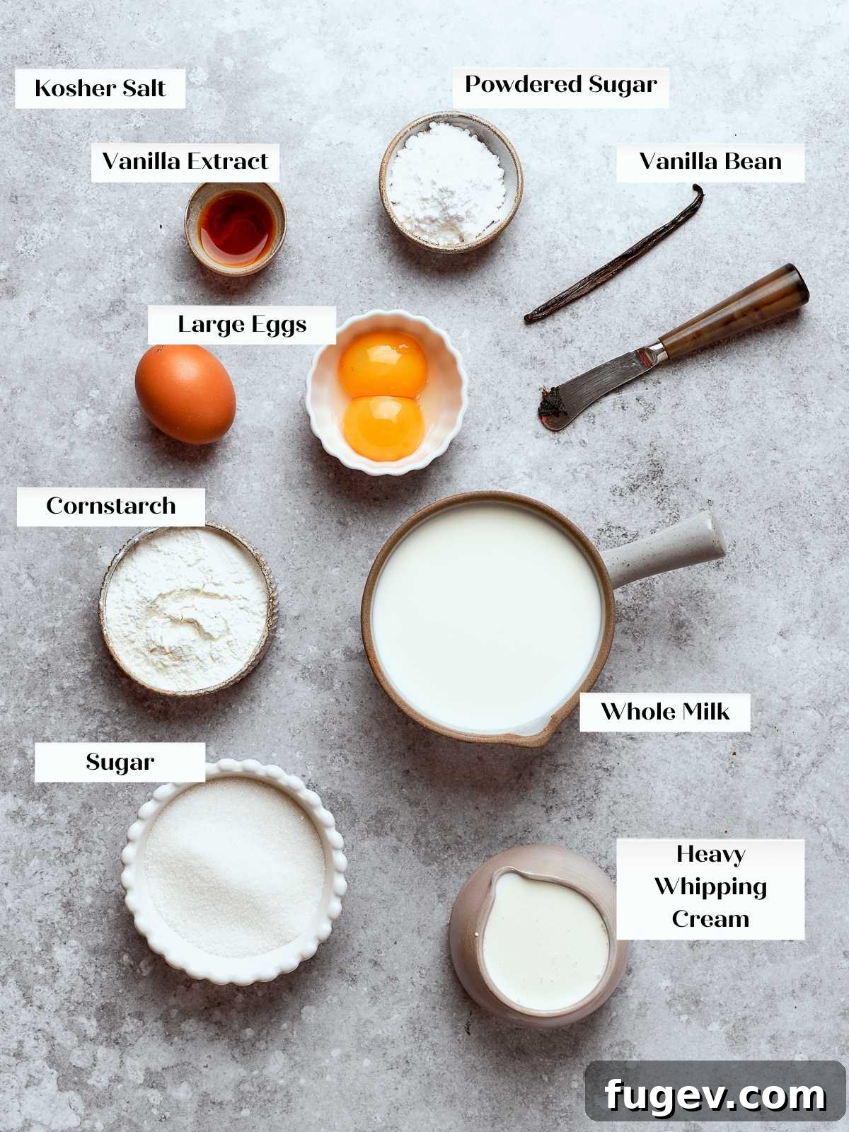 Ingredients for pastry cream arranged on countertop including eggs, milk, sugar, and vanilla.