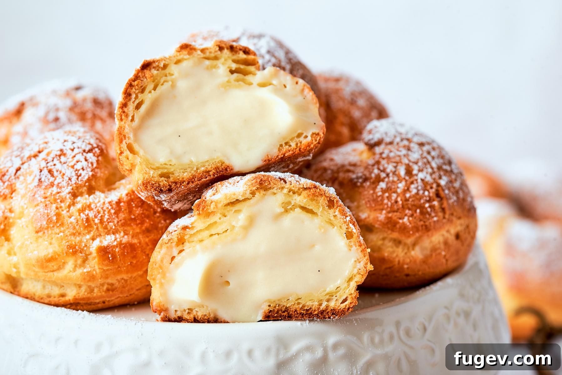 Cream puff torn open showing airy hollow shell and soft vanilla cream filling inside.