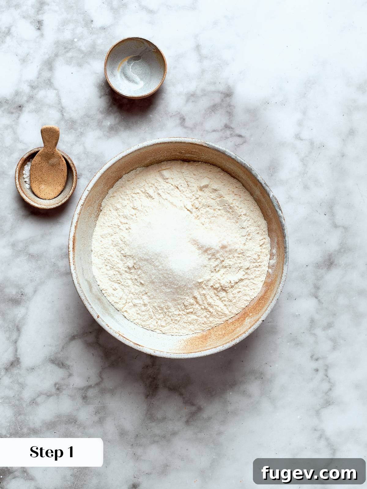 Golden Savory Puffs 7 Flour, salt, and sugar combined in bowl ready for choux dough preparation. Dry ingredients pre-measured for efficiency.