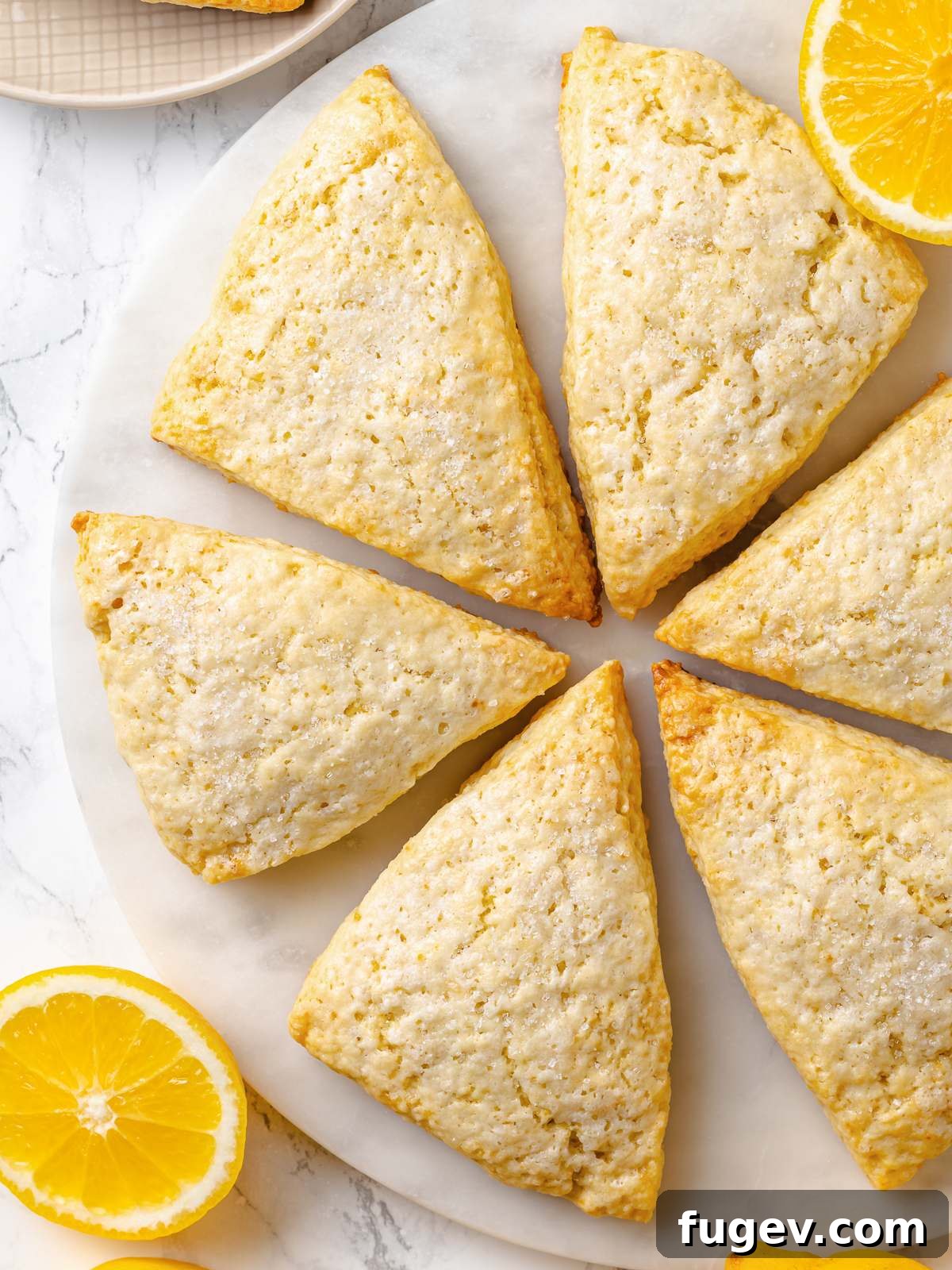 Sun-Kissed Lemon Scones 2 Lemon scones served on white plate showing golden tops and rustic triangular shapes, highlighting their perfect bake and inviting texture.