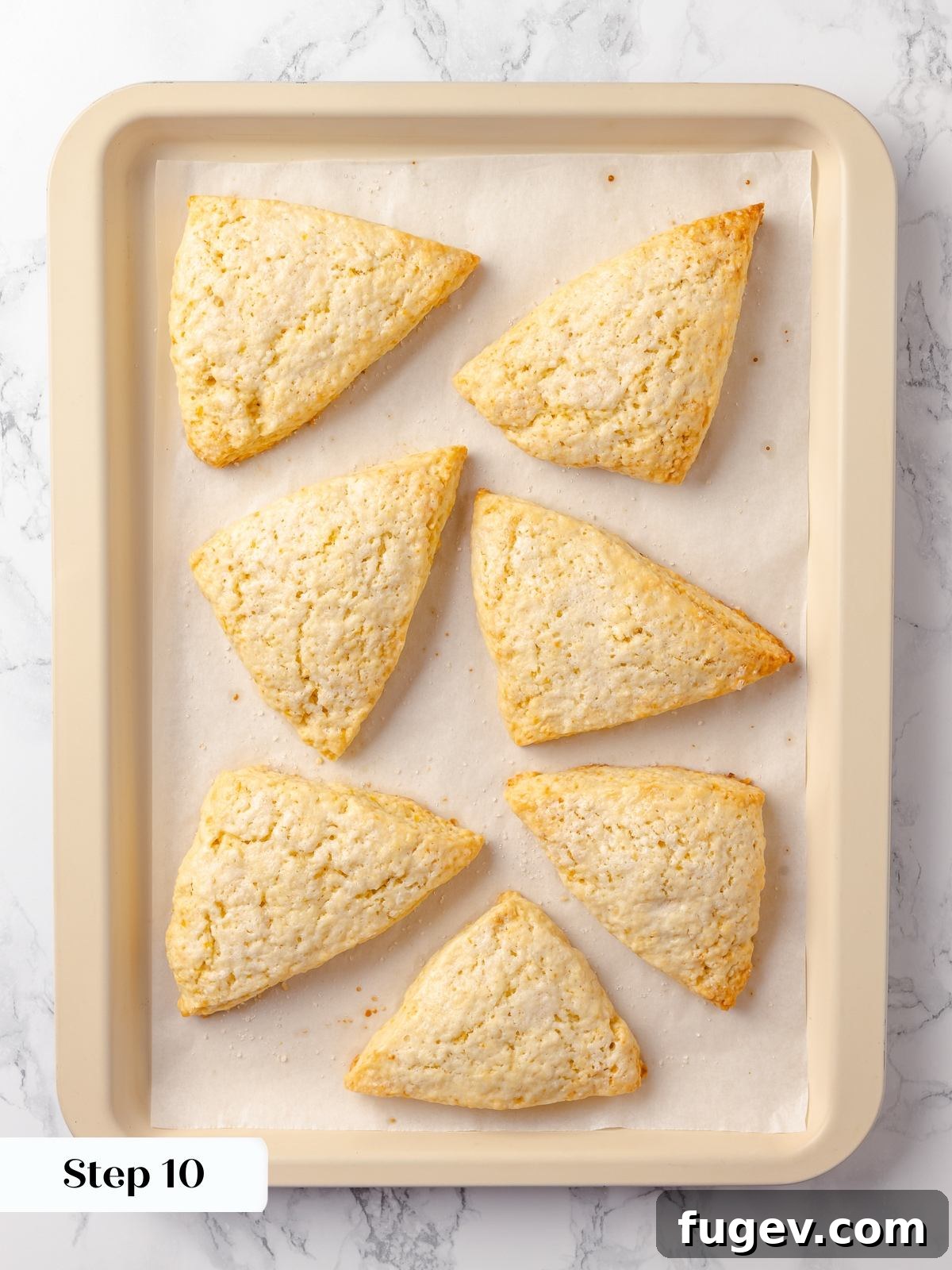 Sun-Kissed Lemon Scones 19 Freshly baked lemon scones cooling on a baking sheet, showcasing their golden edges and beautifully puffed centers after proper baking.