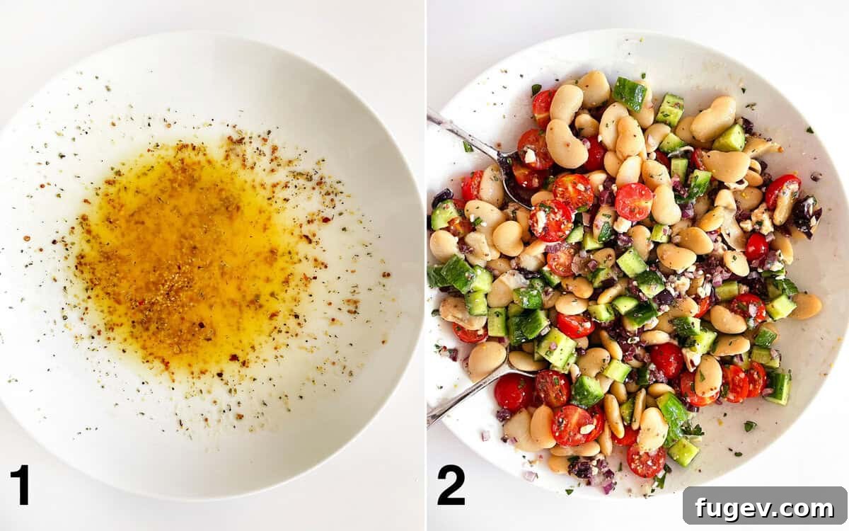 Vinaigrette whisked into a large bowl. Salad ingredients tossed with vinaigrette.