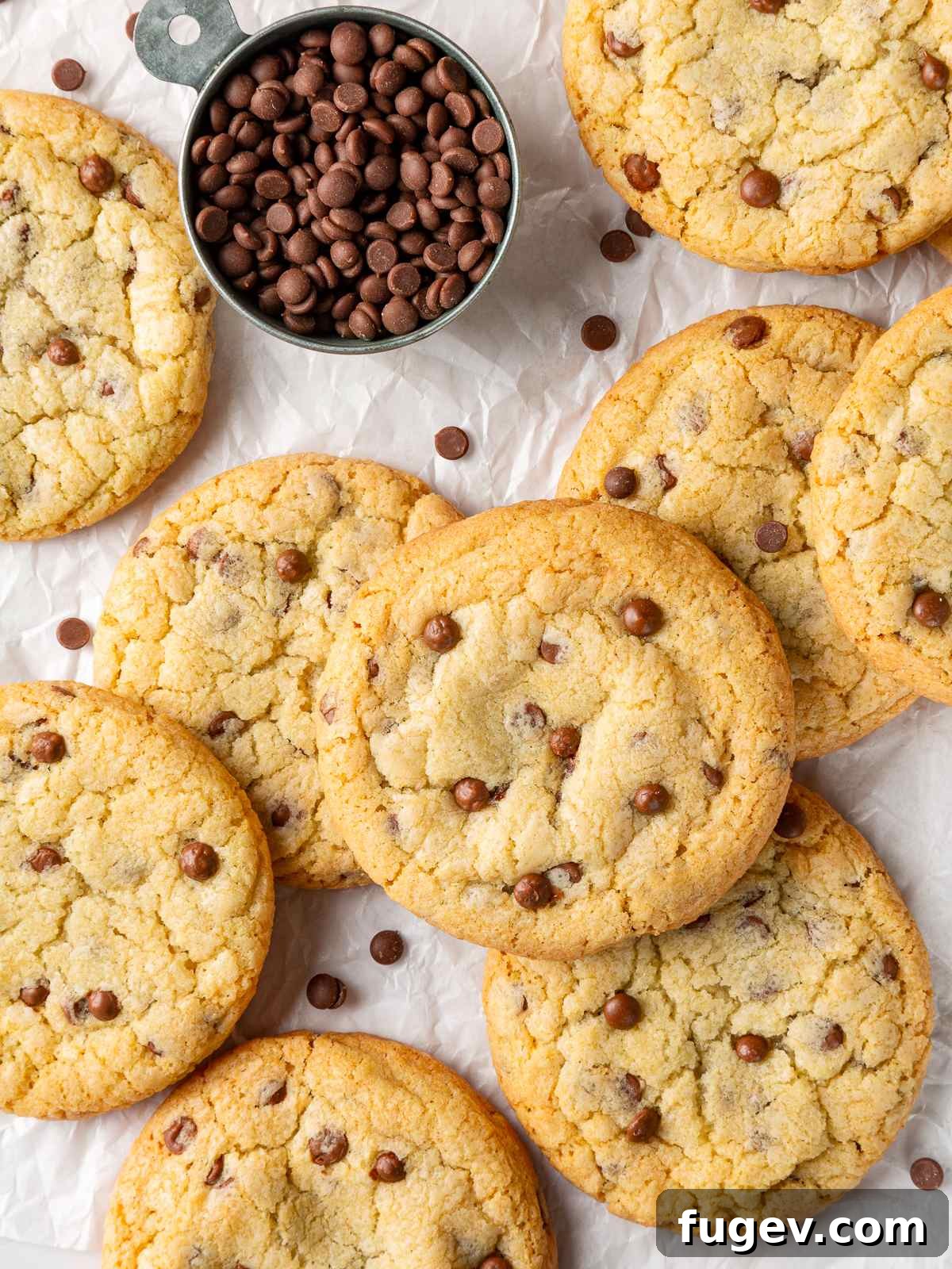 A batch of golden-brown chocolate chip cookies made without brown sugar, displayed on a clean white background.