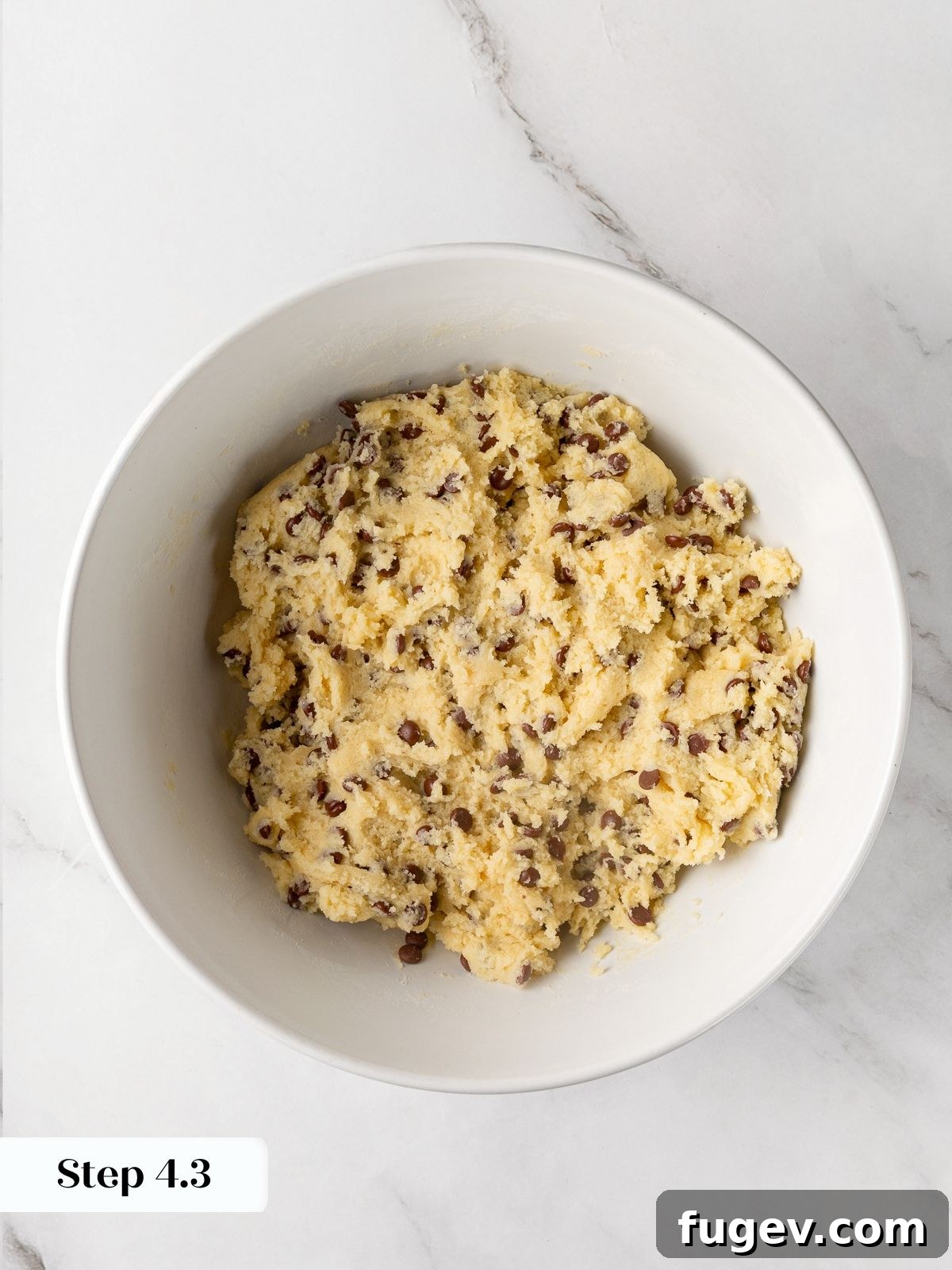 Finished chocolate chip cookie dough with chips evenly mixed throughout, ready for chilling.