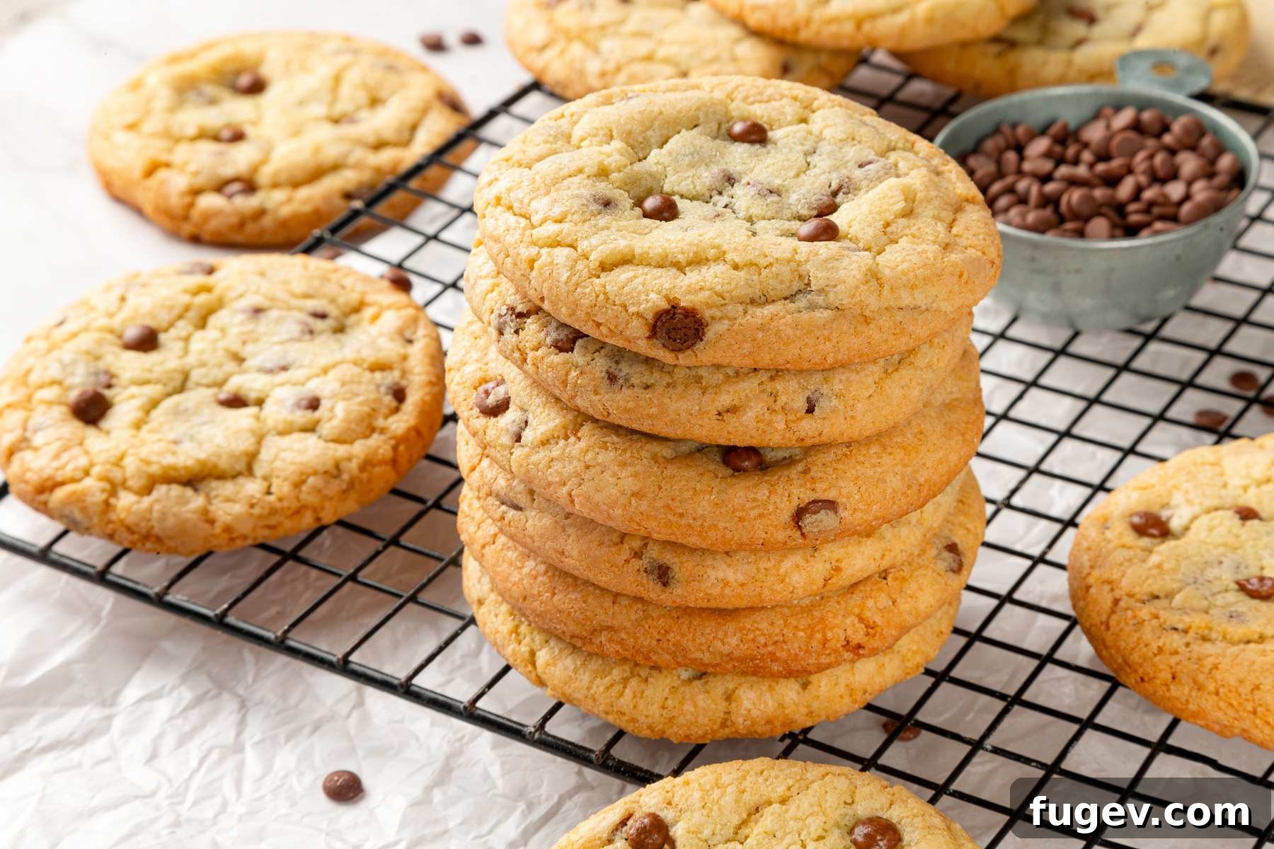 A beautiful stack of thick chocolate chip cookies made with only white sugar, resting on a wire cooling rack.