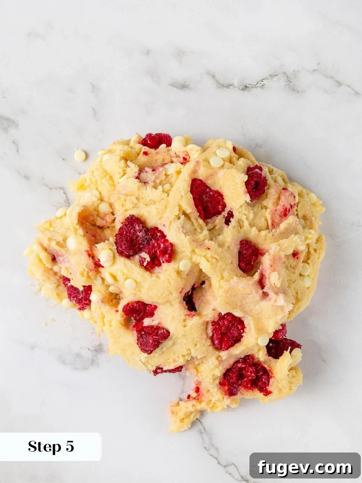 White Chocolate Raspberry Bliss Scones 13 The final dough with frozen raspberries and white chocolate chips gently folded in.