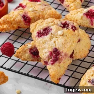 White Chocolate Raspberry Bliss Scones 21 A close-up of a raspberry white chocolate scone showing its texture.