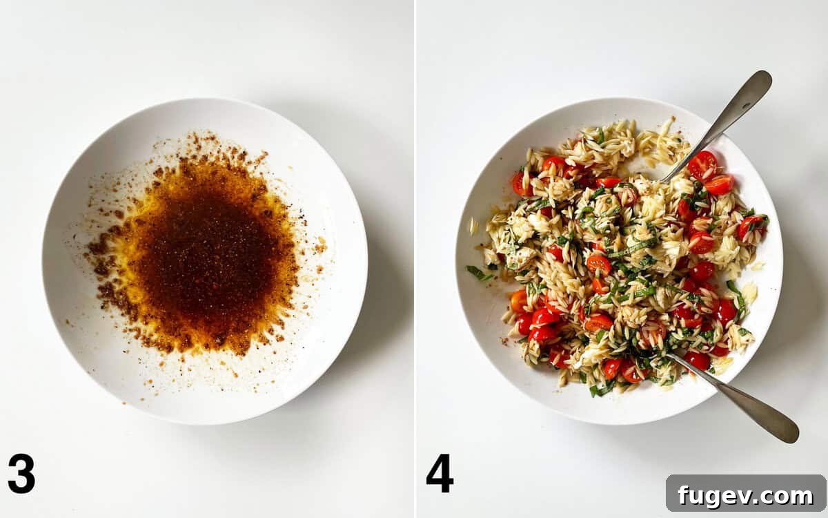 Balsamic vinaigrette stirred in a bowl. Pasta, tomatoes, mozzarella and basil folded into dressing.