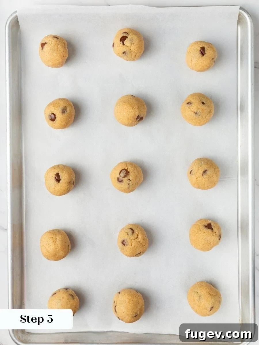 Portioning before the chill helps these almond flour chocolate chip cookies bake to a uniform size.