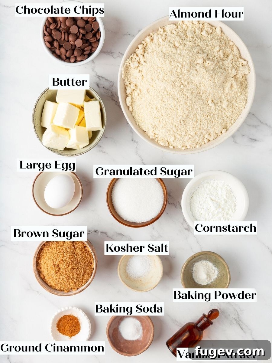 Every component for almond flour chocolate chip cookies sits ready, including the cornstarch keeping them thick.