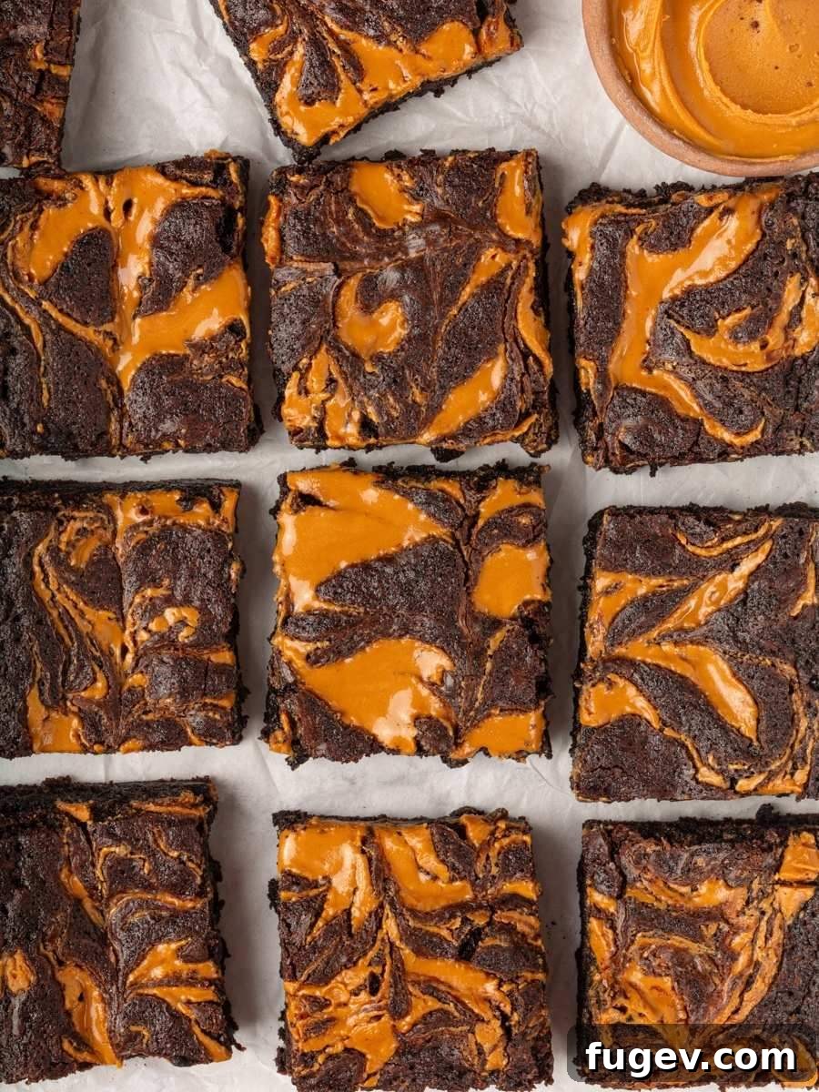 Fudgy Peanut Butter Brownies Recipe 2 Viewed from above, the grid shows consistent swirls that make these peanut butter brownies look bakery-perfect.