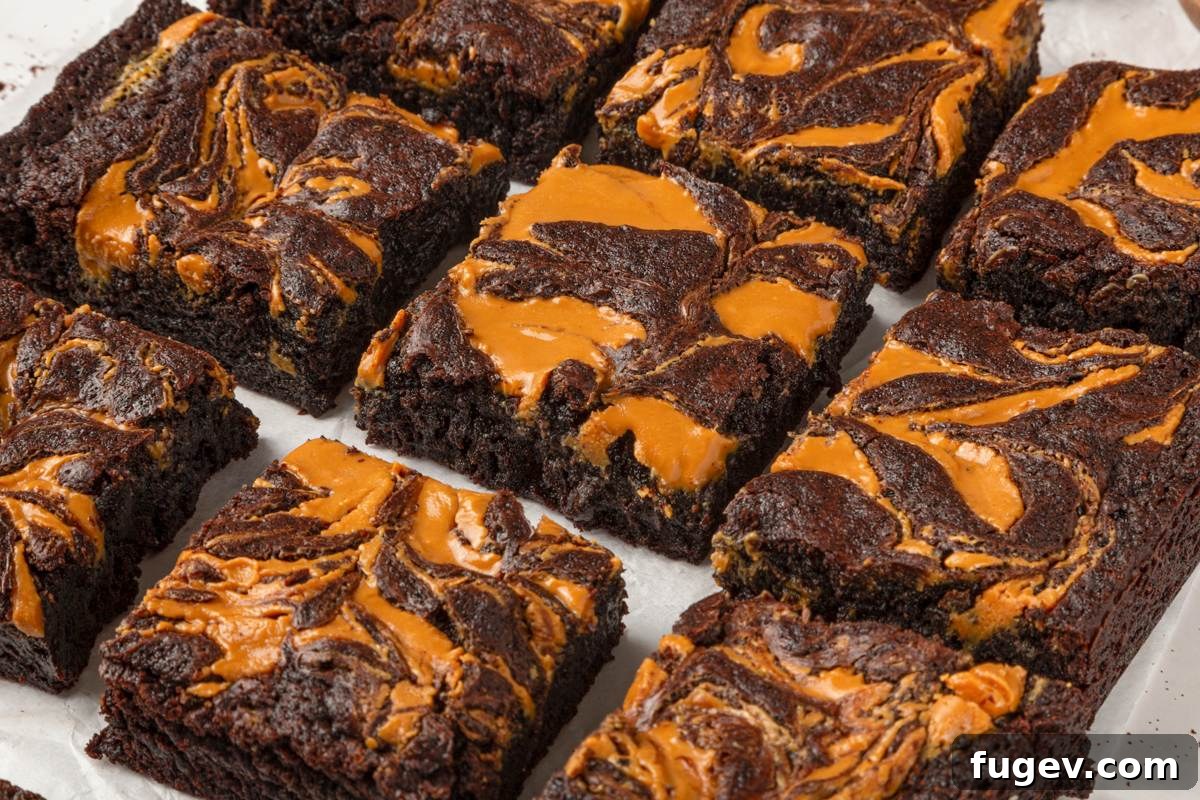Fudgy Peanut Butter Brownies Recipe 14 A wide row of peanut butter brownies shows how the swirl marks every single sliced square.
