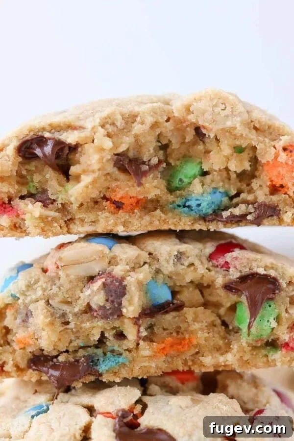 Fudgy Peanut Butter Brownies Recipe 18 A close-up of a thick monster cookie, emphasizing its hearty, chewy layers.