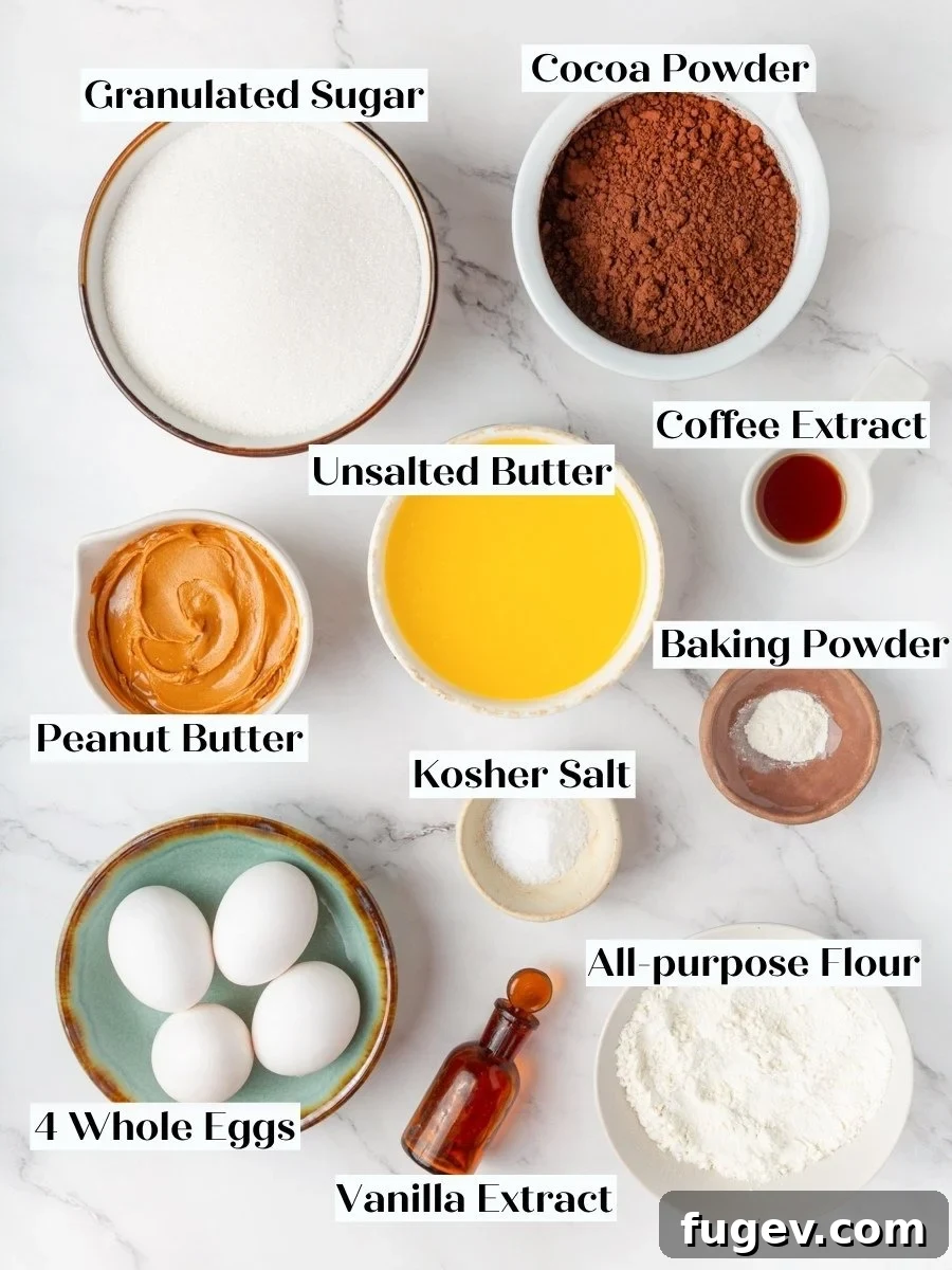 Fudgy Peanut Butter Brownies Recipe 4 Labeled bowls gather the pantry staples that make these one-bowl peanut butter brownies come together fast.