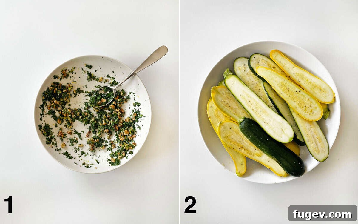 Gremolata stirred together in a bowl. Zucchini and squash tossed with olive oil, salt and pepper in a bowl.