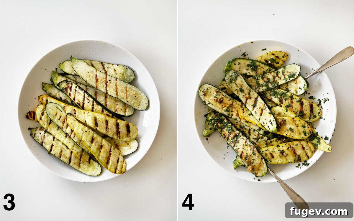 Grilled zucchini and yellow squash in a bowl. Grilled summer squash tossed with gremolata in a bowl.