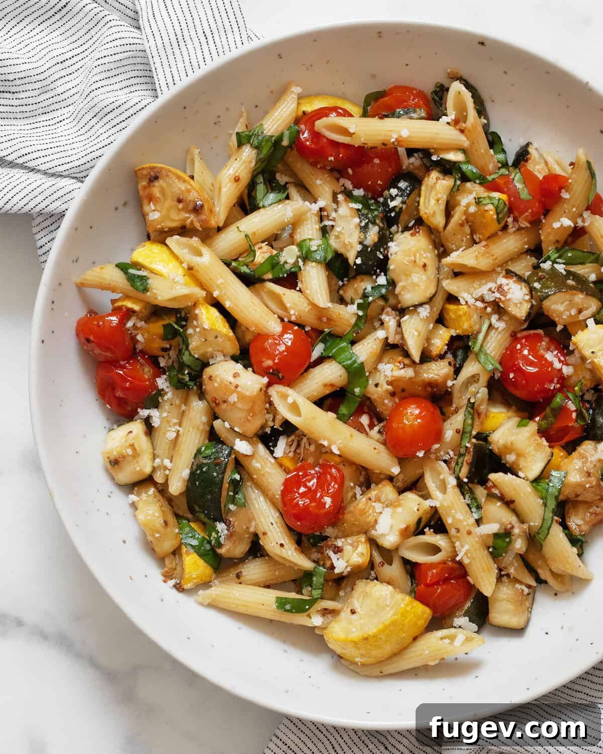 Balsamic roasted vegetable pasta in a bowl.