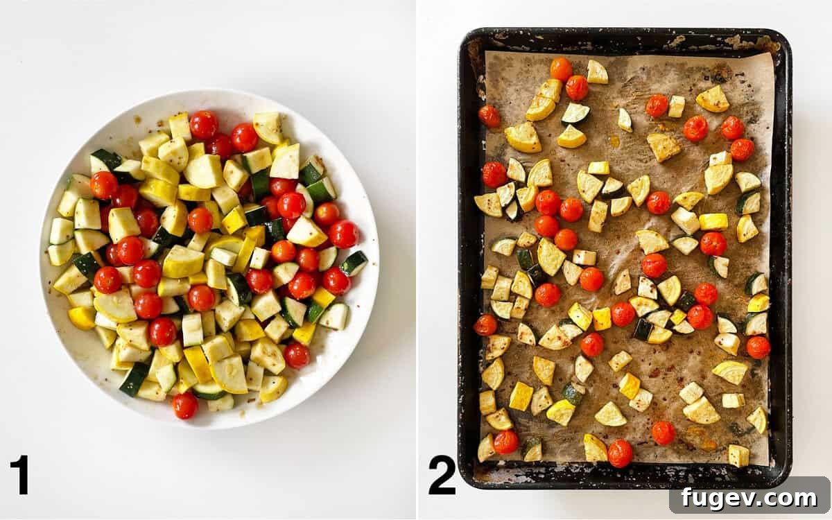 Raw vegetables stirred into dressing in a bowl. Roasted vegetables on a sheet pan.