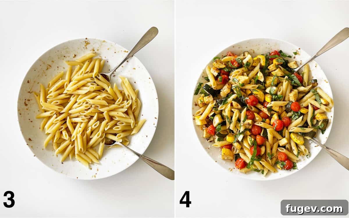 Pasta stirred into leftover marinade in the bowl. Roasted vegetables, parmesan and basil stirred into pasta.