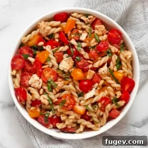 Bruschetta pasta salad in a bowl.