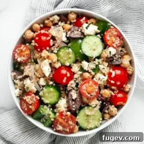 Greek quinoa salad in a bowl.