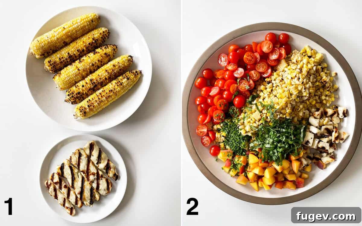 Grilled halloumi and grilled corn on individual plates. Salad ingredients assembled in a large bowl.