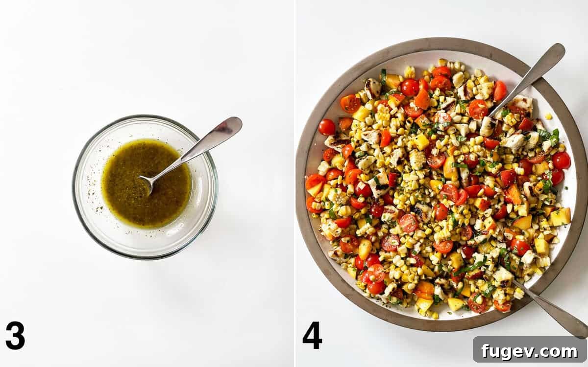 Pesto vinaigrette in a small bowl. Salad tossed with dressing in a large bowl.