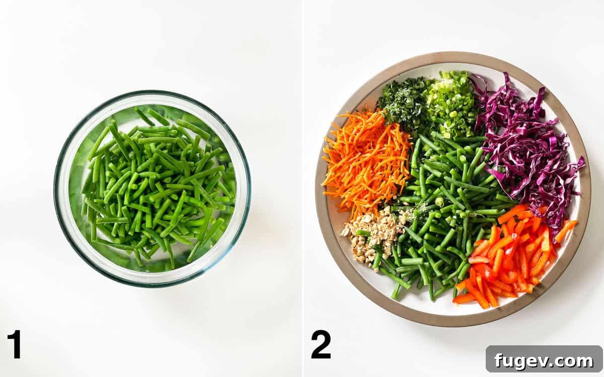 Crunchy Green Bean and Peanut Salad 4 Blanched green beans in a bowl of ice water. Salad ingredients assembled in a large bowl.