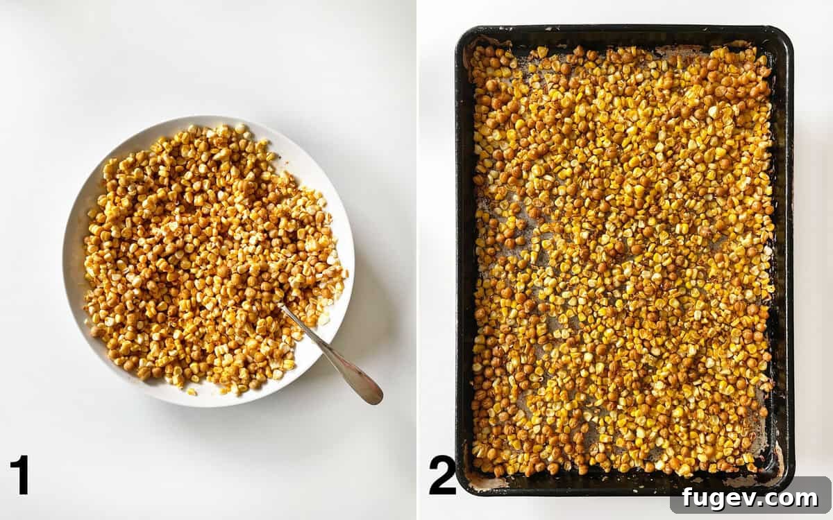 Raw corn and chickpeas stirred with oil and spices in a bowl. Roasted corn and chickpeas on a sheet pan.