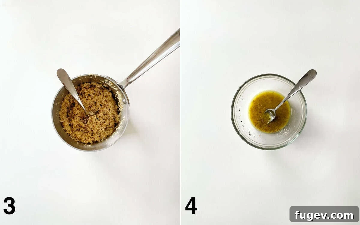 Quinoa in a small pot. Salad dressing whisked in a small bowl.