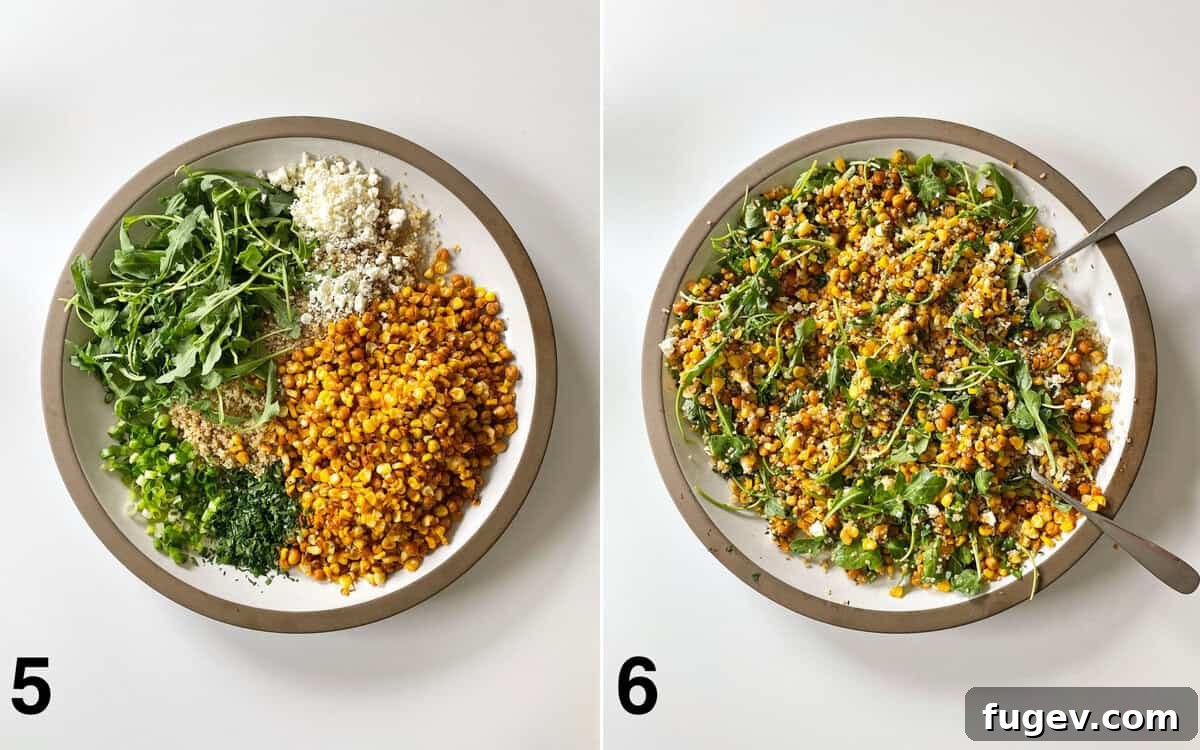 Salad ingredients assembled in a bowl. Salad tossed with vinaigrette.