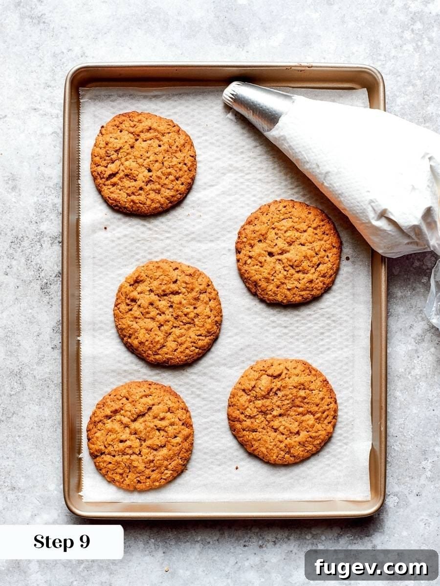 Pulled while centers stay soft, the cookies firm into a chewy oatmeal cream pie base.