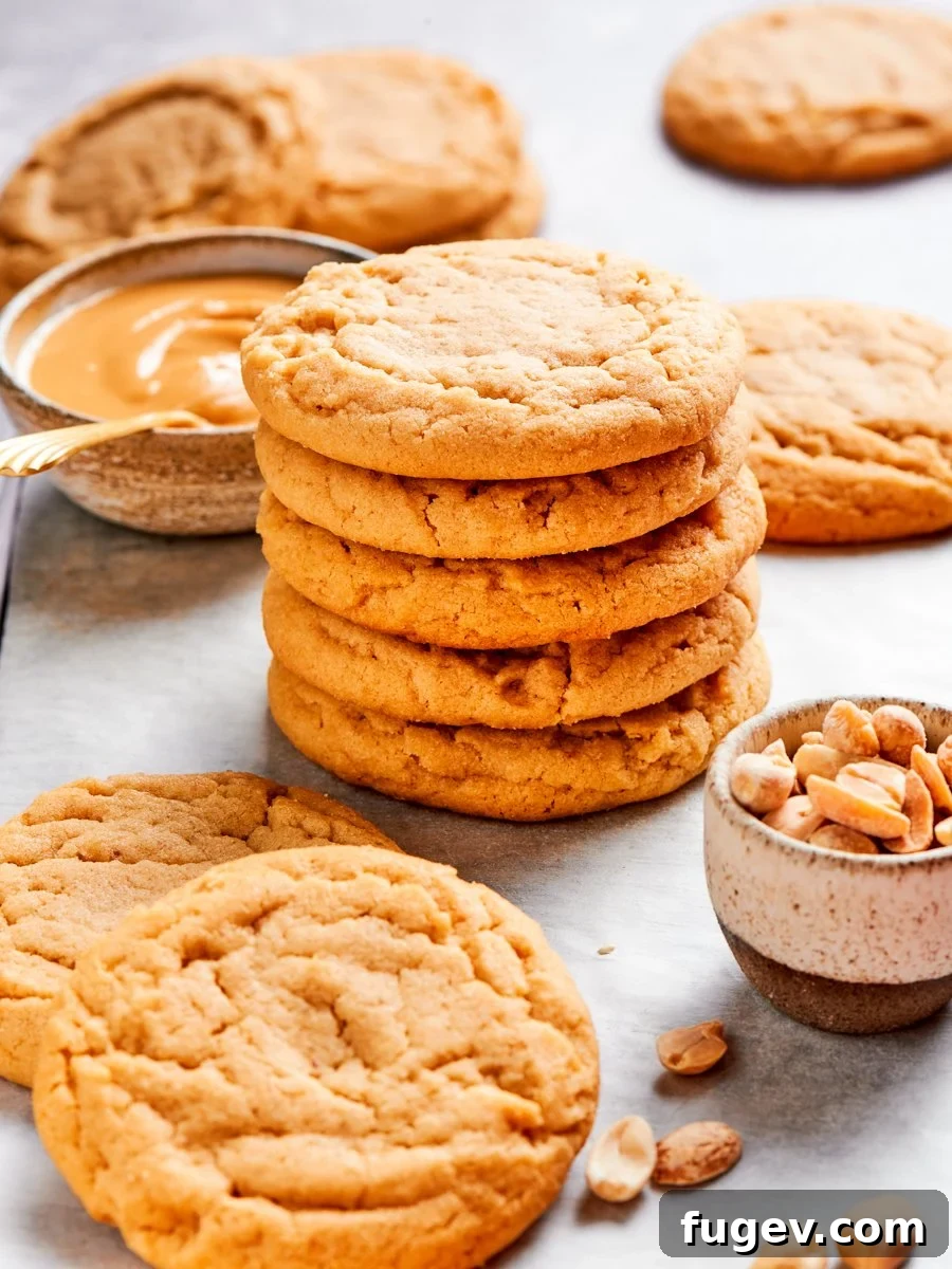 Stacked five high, these chewy peanut butter cookies hold thick soft centers that never flatten.