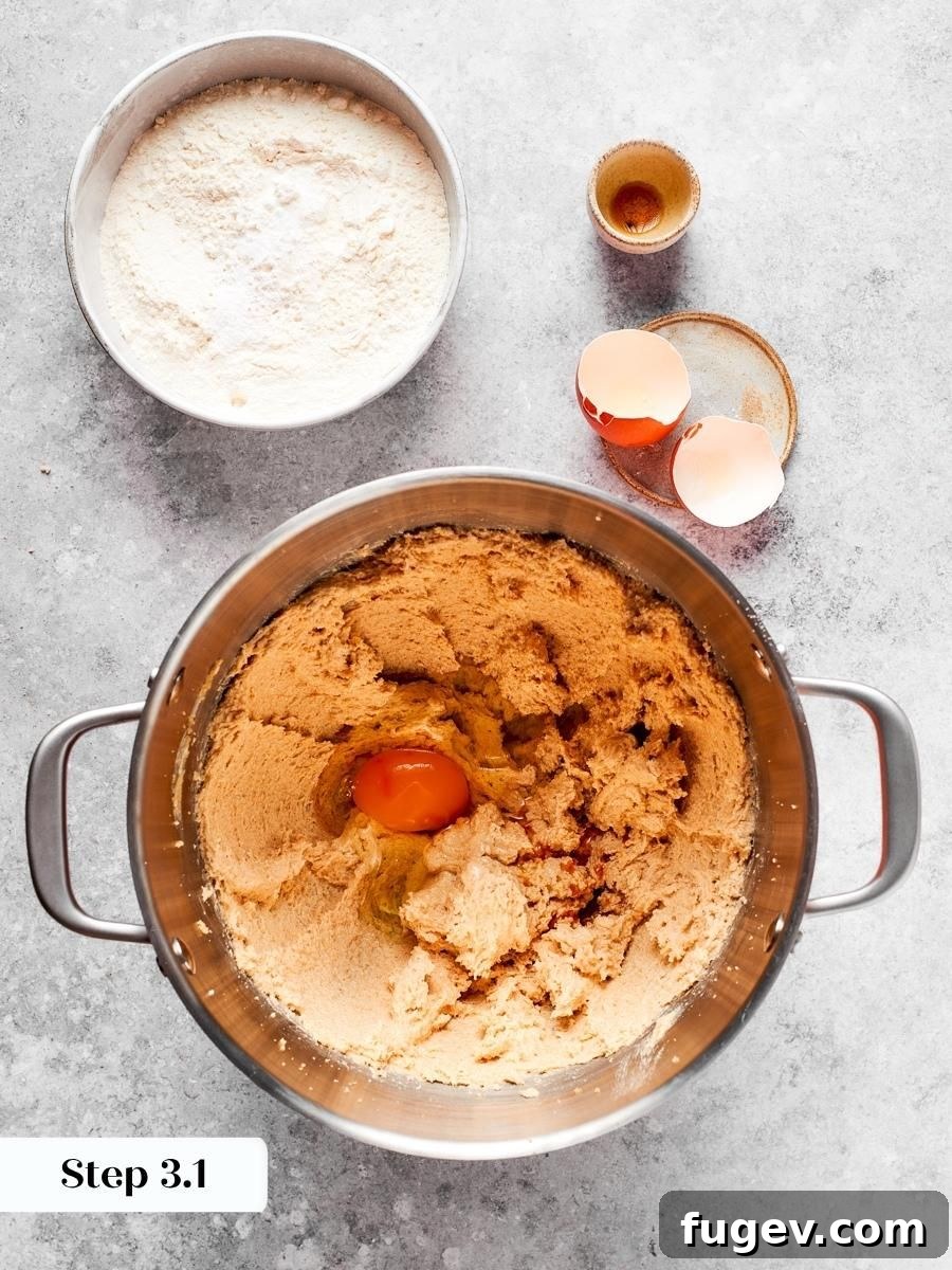 Beating the egg in fully keeps the dough for chewy peanut butter cookies from splitting.